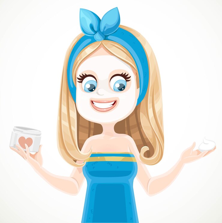 Vector cute blond girl in blue sauna towel with cosmetic mask on face and with jar in hand isolated on white background