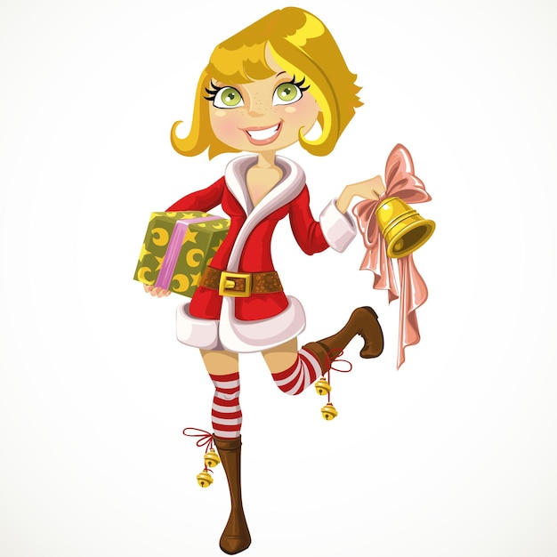милая блондинка в костюме Санта с колоколом