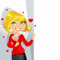 Vector cute blond girl with sweet candyheart keeps banner for your text