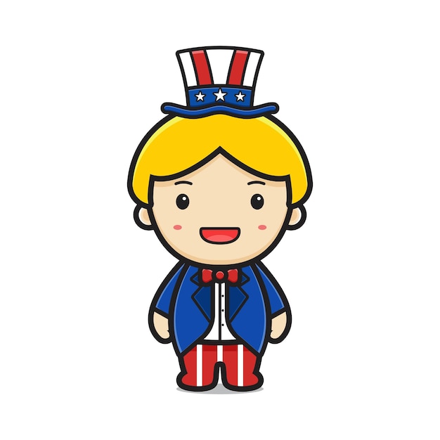 Cartone animato carino ragazzo biondo con illustrazione di tuta e cappello stampati stati uniti d'america