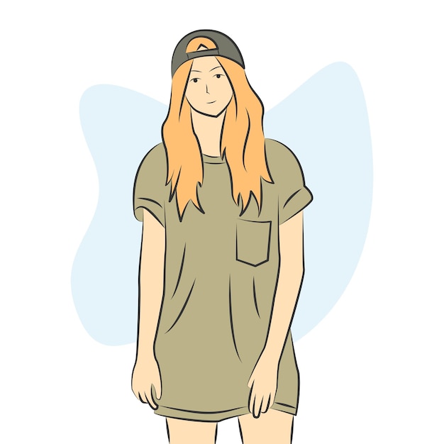 평평한 만화 스타일로 모자와 캐주얼 옷을 입은 귀여운 금발 소녀 캐릭터