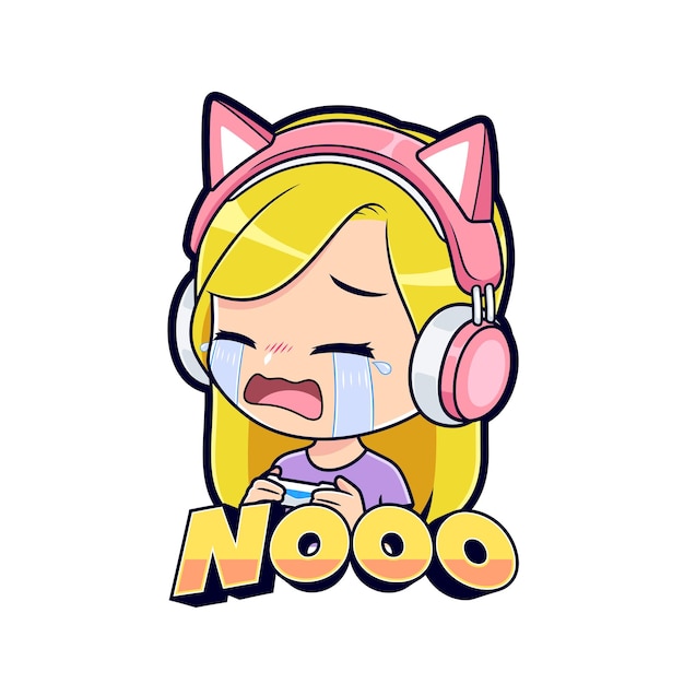 Cute blonde girl gamer crying sad mascot logo gaming sticker