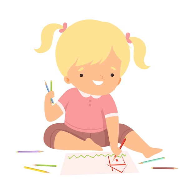 Vector cute blonde girl sitting on the floor and drawing picture with colorful pencils adorable young