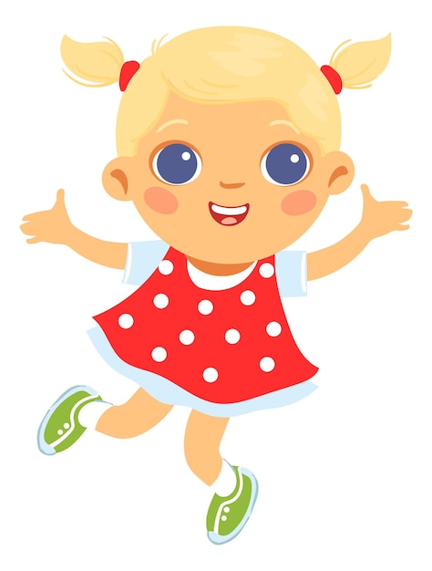 웃 고 귀여운 금발 소녀입니다. 행복한 점프 아이. 흰색 배경에 고립 된 재미있는 만화 캐릭터