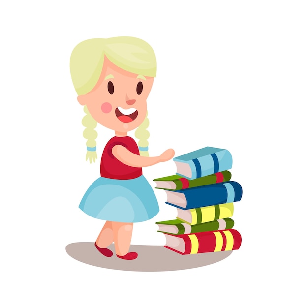 Cute blonde girl standing next to a pile of books, education and knowledge concept, colorful character vector Illustration on a white background