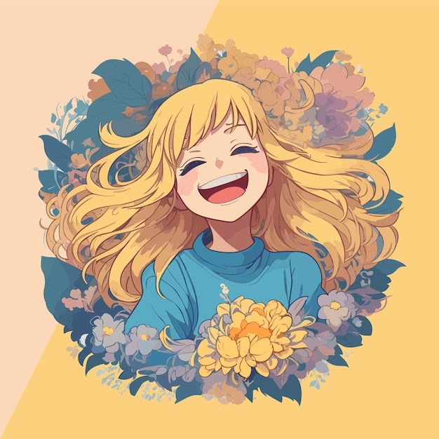 Cute Blonde Girl Surrounded by Flowers in Stunning Vector Illustration for Templates and More