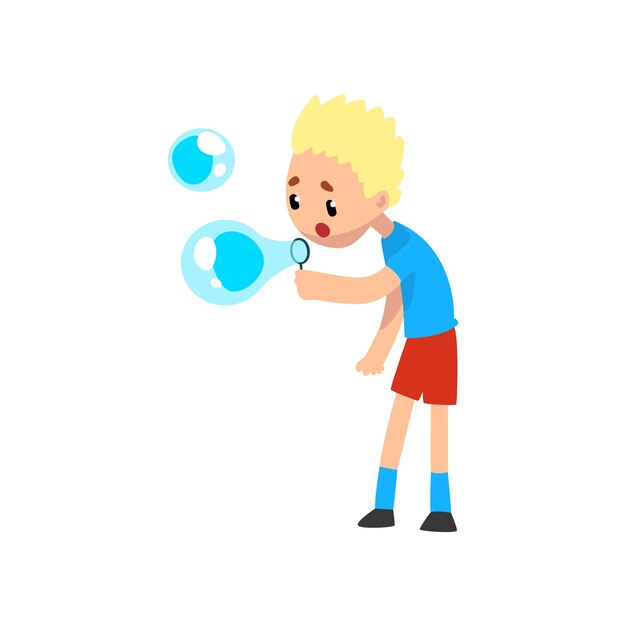 Cute blonde little boy blowing soap bubbles cartoon vector illustration isolated on a white background