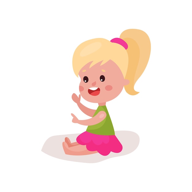 Cute blonde little girl sitting on the floor, kid learning and playing colorful cartoon vector illustration on a white background