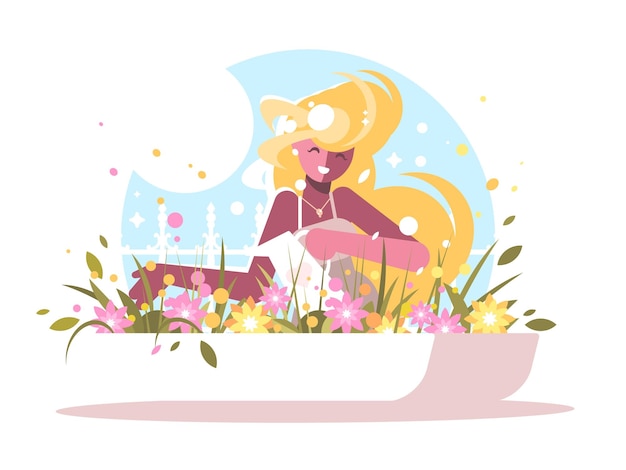 Вектор Симпатичная блондинка поливает домашние цветы