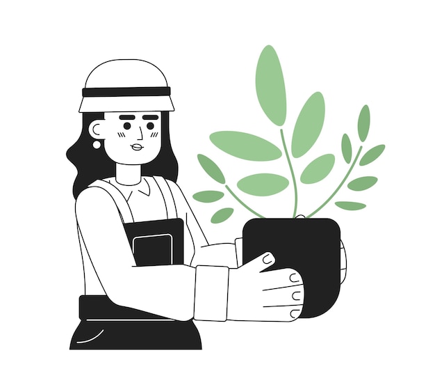 Cute blonde woman holding houseplant monochromatic flat vector character Editable thin line half body girl taking care of plant on white Simple bw cartoon spot image for web graphic design