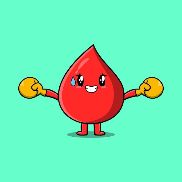 Cute Blood drop mascot cartoon playing sport with boxing gloves and cute stylish design