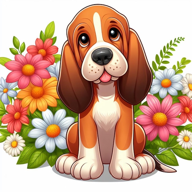 Cute Bloodhound Dog and Flowers Vector Cartoon illustration