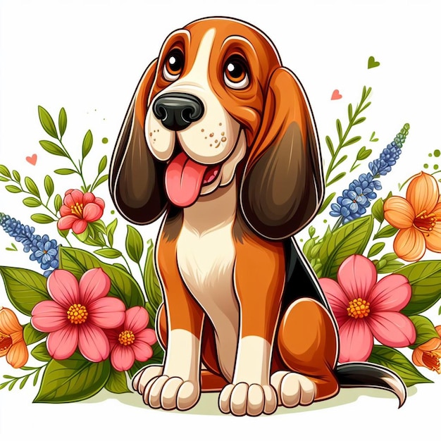 Cute Bloodhound Dog and Flowers Vector Cartoon illustration