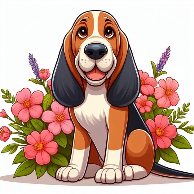 Cute Bloodhound Dog and Flowers Vector Cartoon illustration