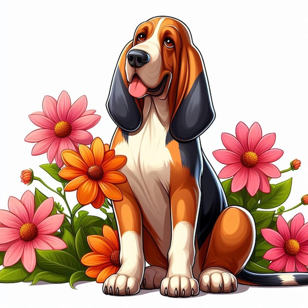 Vector cute bloodhound dog and flowers vector cartoon illustration