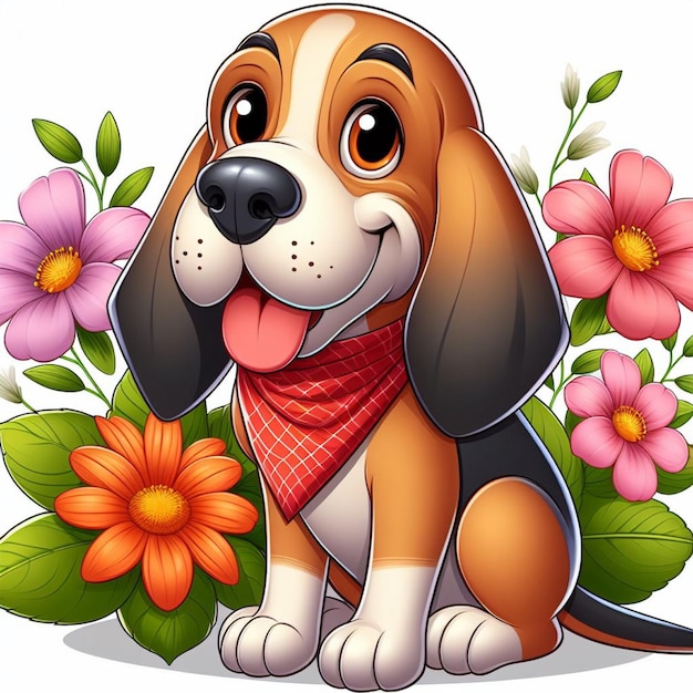 Cute Bloodhound Dog and Flowers Vector Cartoon illustration
