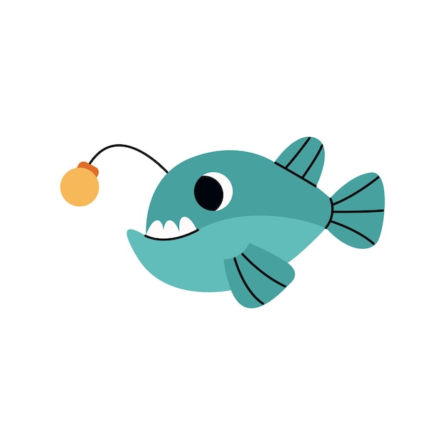 Cute blue anglerfish swimming, marine animal. Inhabitants of sea, ocean underwater life. Childish