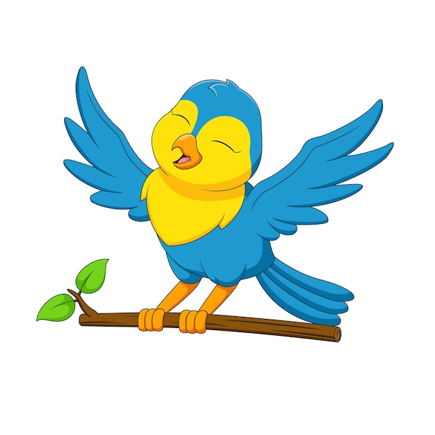 Cute blue bird cartoon is singing on a branch