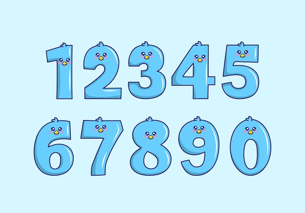 Симпатичная коллекция синих птиц с нумерацией для элемента украшения детского образования на день рождения и т. Д.