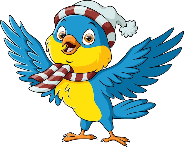 Cute blue bird wearing christmas santa hat and scarf