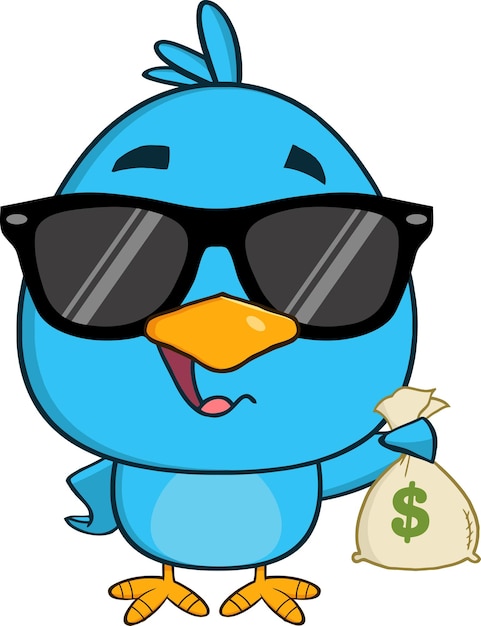 Cute Blue Bird With Sunglasses Cartoon Character Holding A Bag Of Money. Vector Illustration