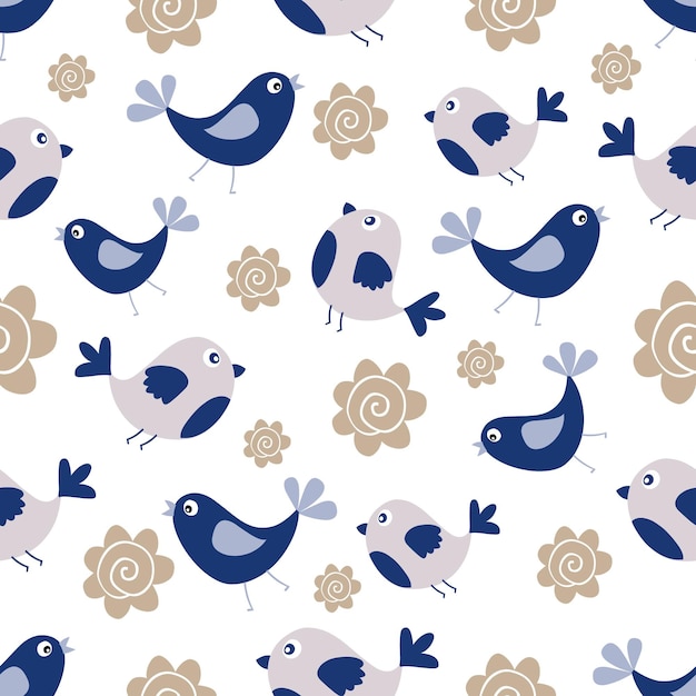 Vector cute blue birds seamless pattern