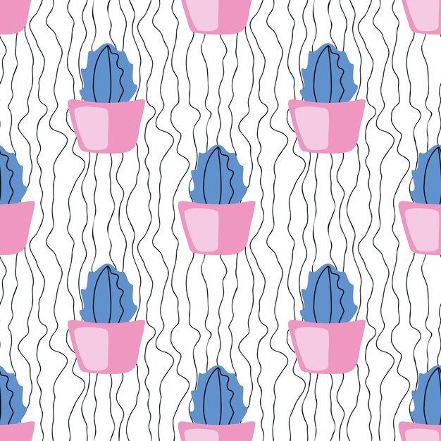 Vector cute blue cactuses in pink pots on wavy lines background delicate doodle seamless pattern