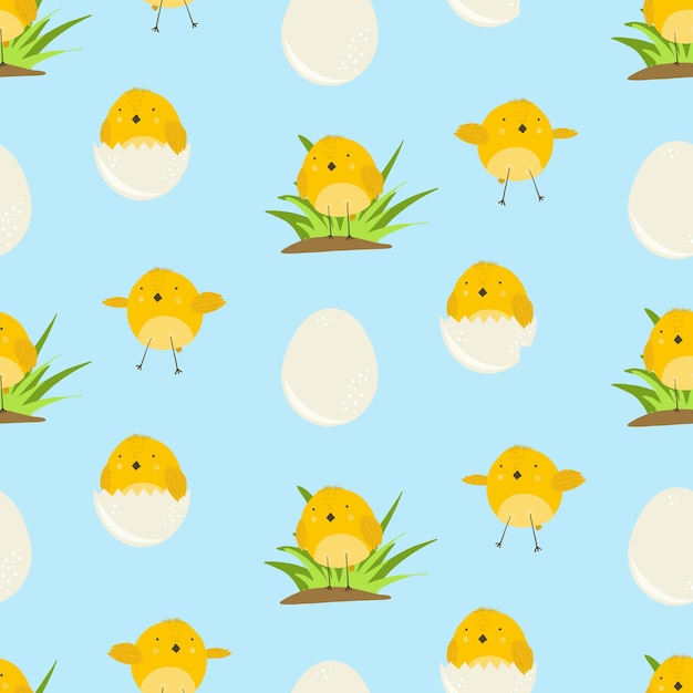 Симпатичный синий мультфильм бесшовные модели с солнечно-желтым цыпленком в траве, в яйцах и летающих