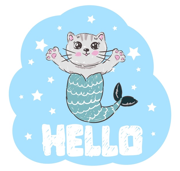 Cute blue cat mermaid on a white background Vector illustration for girls Summer travel concept Child and kids print Flat style concept