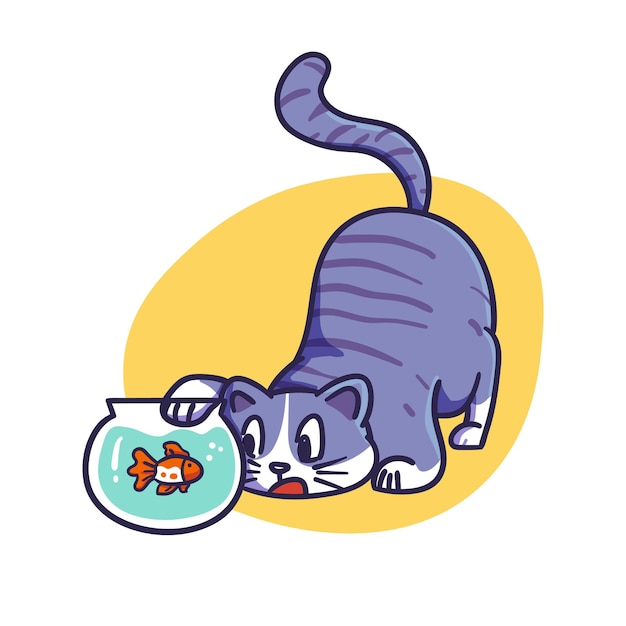 Cute blue cat playing with fish in bowl illustration