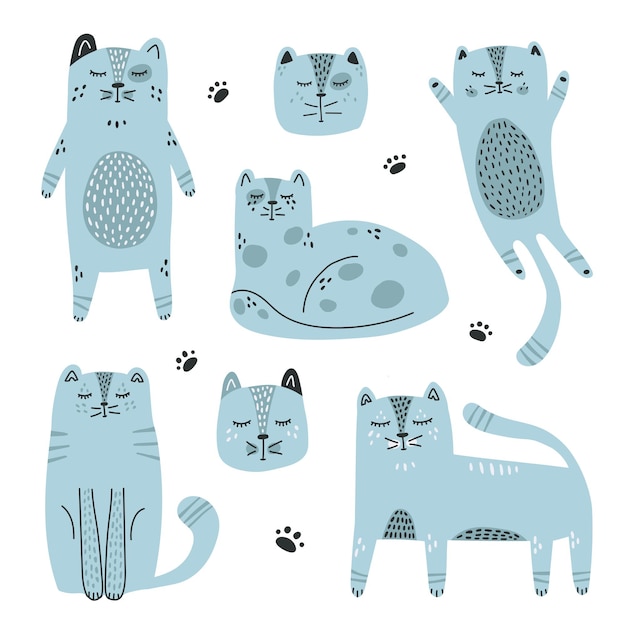 Cute blue cats are hand drawn Children's set in scandinavian style vector illustration