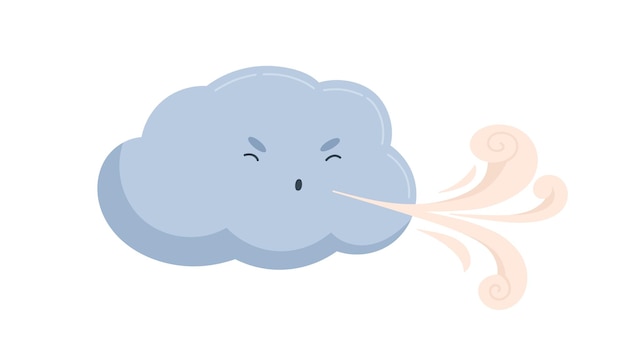 Cute blue cloud with funny angry face with blowing wind. Windy weather icon. Sweet baby character with gust of air from its mouth. Childish flat vector illustration isolated on white background.