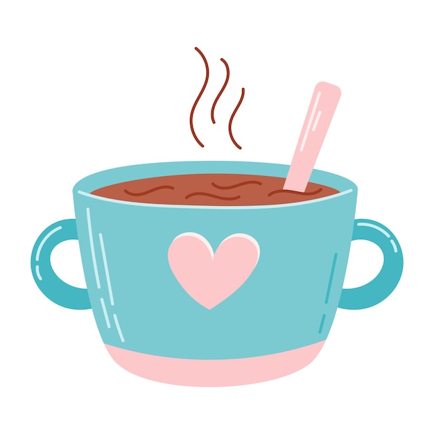 Cute blue Cup of hot tea or coffee with heart Vector isolated cartoon illustration