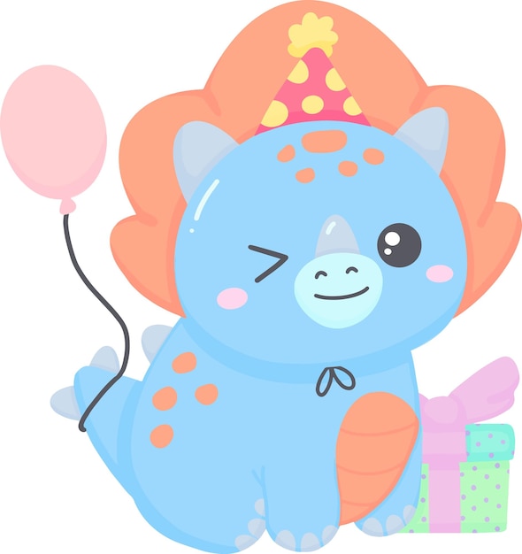 Vector cute blue dinosaur in birthday party