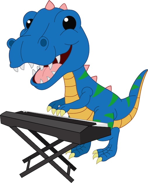 Cute blue dinosaur cartoon playing a piano