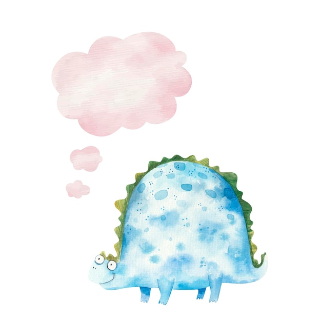 Cute blue  dinosaur smiling and thought icon, cloud, childrens illustration watercolor