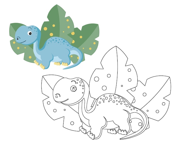 Cute blue dinosaur and tropical leaves illustration and sketch for coloring Design for children