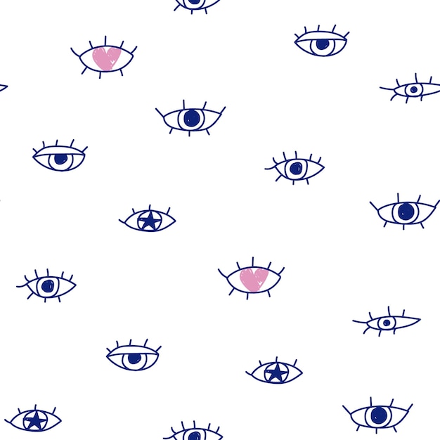 Vector cute blue eyes pattern with doodle heart hand drawn seamless white paper