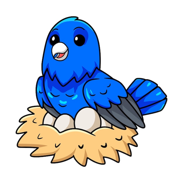 Милый мультфильм о синем канарчике с яйцами в гнезде.