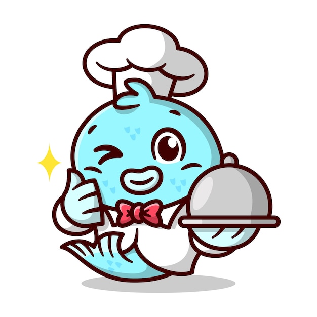 Cute blue fish is wearing chef uniform is holding food high quality cartoon mascot