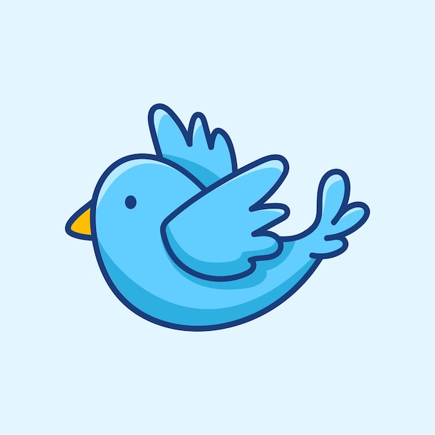 Vector cute blue flying bird in cartoon style on blue sky background