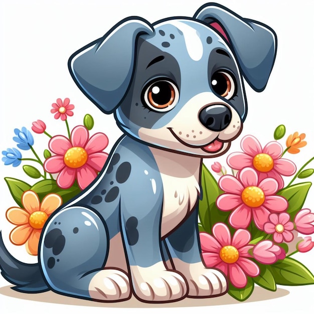 Милая собака-голубой каблук и цветы Векторная мультфильмная иллюстрация