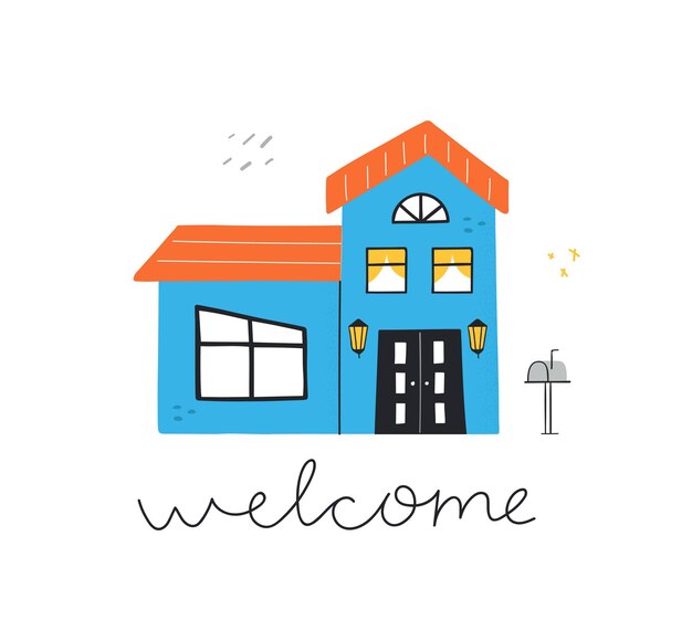 Cute blue home with lettering Welcome. Hand drawn modern house illustration.