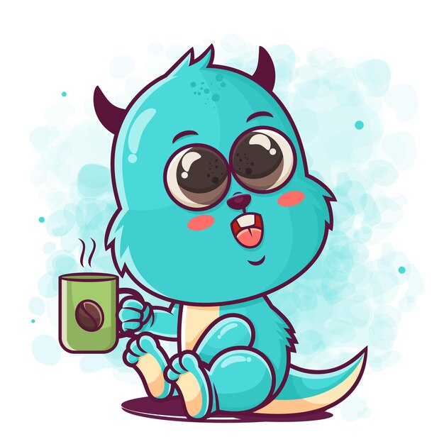 Cute blue monster cartoon drinking coffee illustration for merchandising