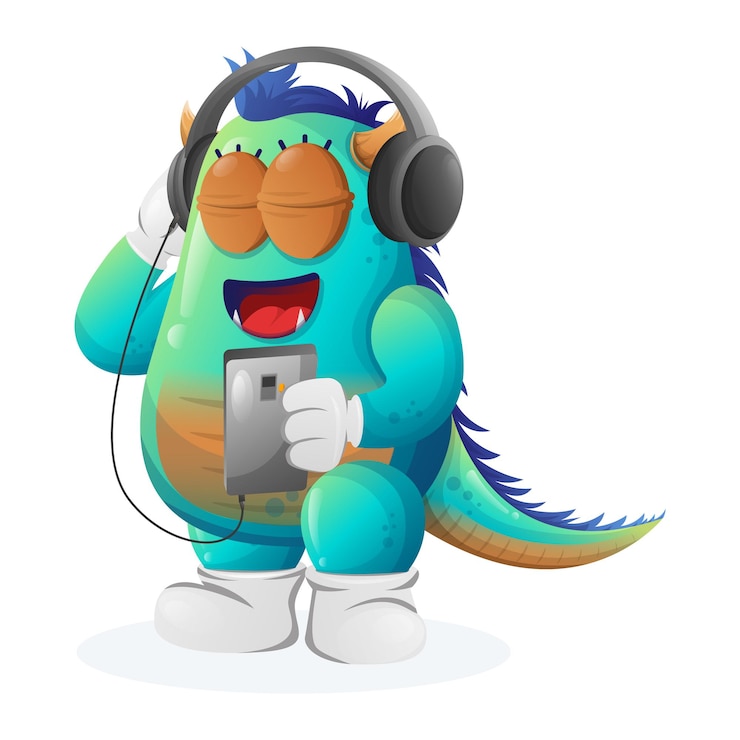 Вектор милый синий монстр слушает музыку на смартфоне в наушниках
