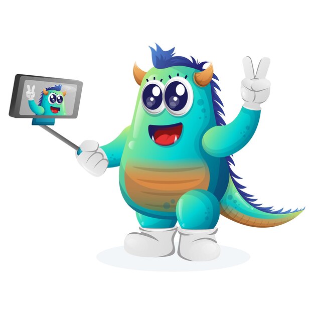 cute blue monster takes a selfie with smartphone