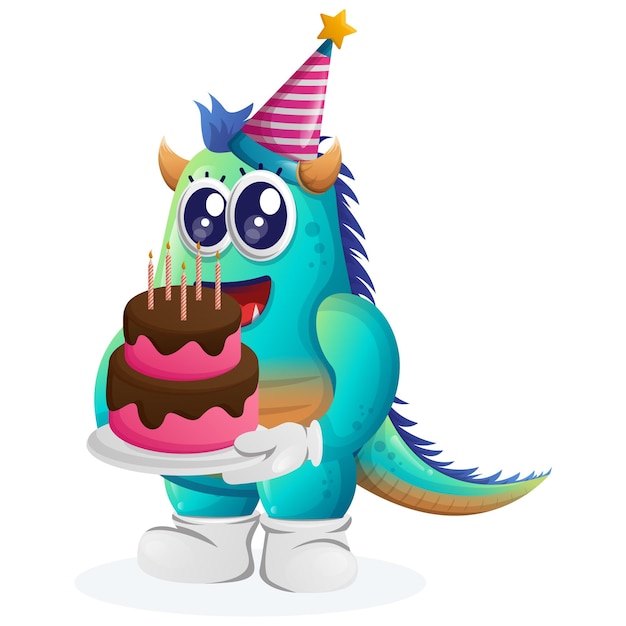 생일 케이크를 들고 생일 모자를 쓰고 귀여운 파란색 괴물
