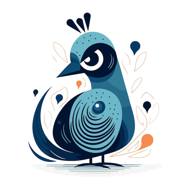 Cute blue peacock bird on white background Vector illustration