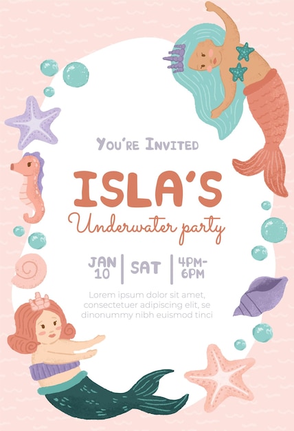 Vector cute blue and pink hair mermaid illustration invitation for party