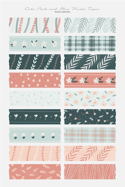 Vector cute blue and pink washi tapes for scrapbook and planner